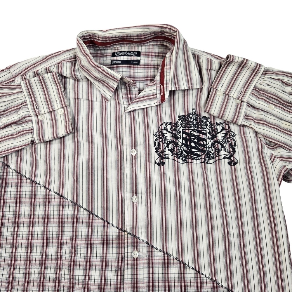 Ecko Unltd Shirt Mens XL White Stripe Long Sleeve Button Front Crest Embroidered